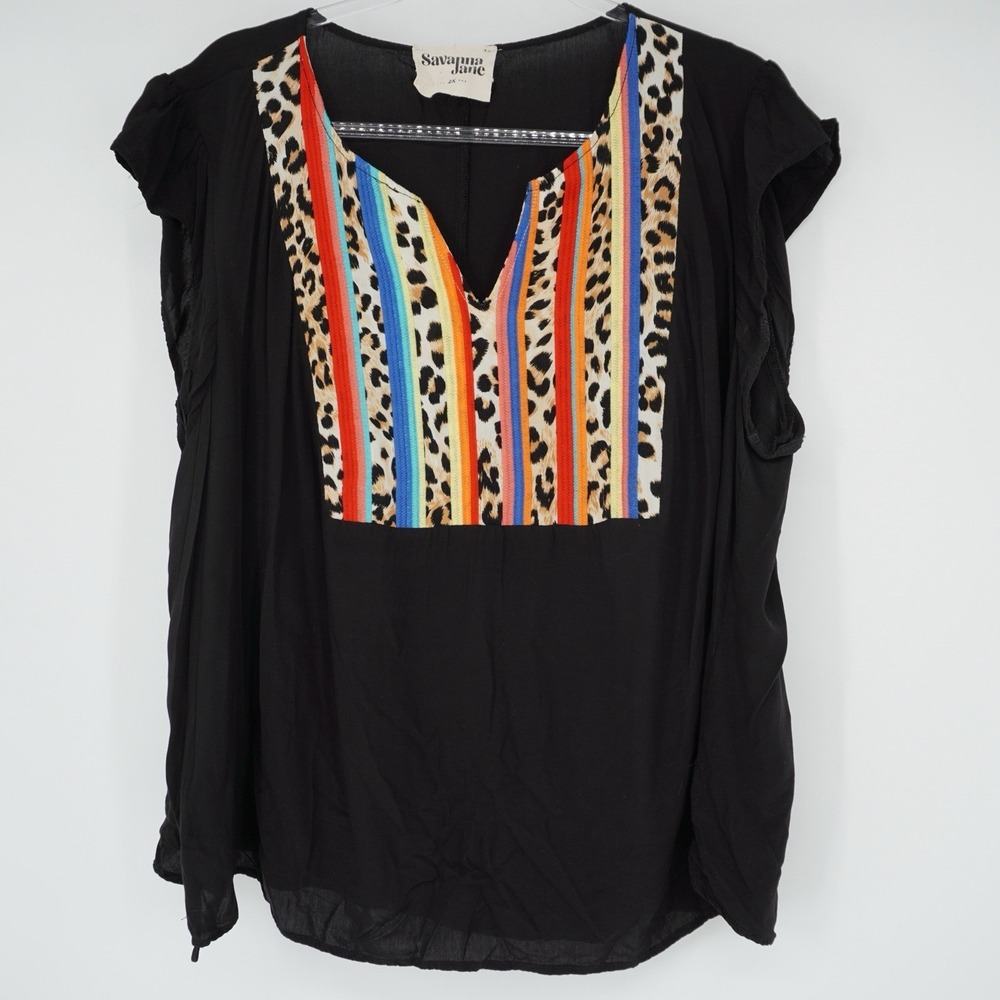 Savanna Jane Tunic Top Shirt 2X Embroidered Serape Animal Print Boho Indie Bold